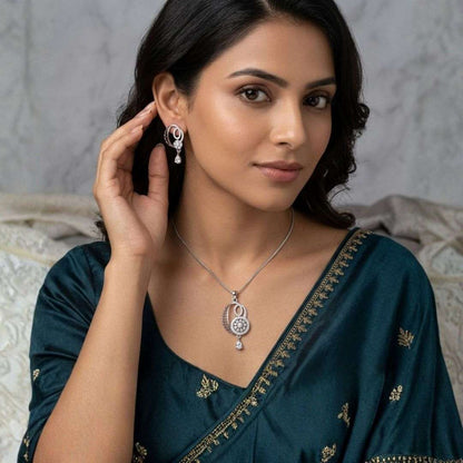Crescent Spark Silver Finish Office Wear Pendant Set