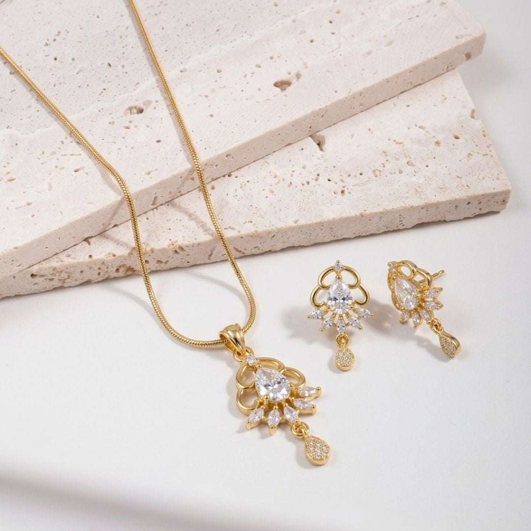 Crystal Bloom Gold Finish Bridal Pendant Set