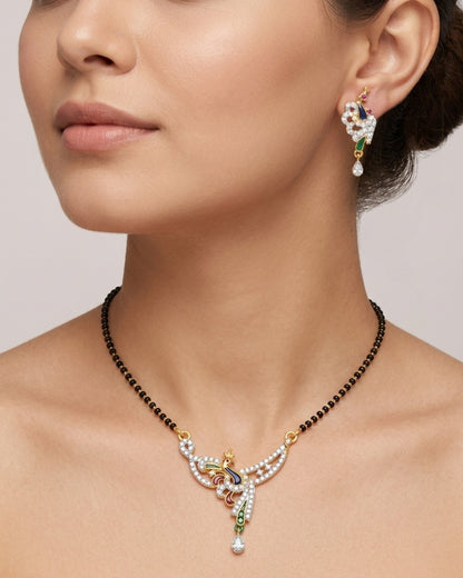 Designer Peacock American Diamond Black Beads Mangalsutra with Matching Earrings