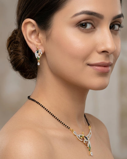 Designer Peacock American Diamond Black Beads Mangalsutra with Matching Earrings