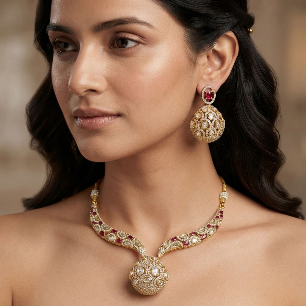 Ruby Polki Necklace Set with Statement Ball Pendant