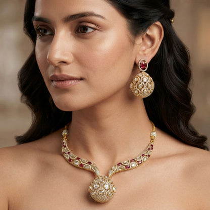 Ruby Polki Necklace Set with Statement Ball Pendant