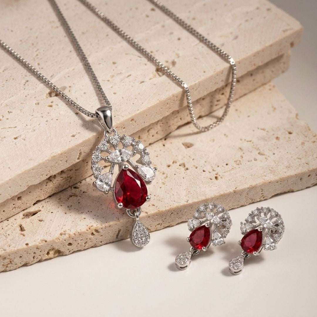 Ruby Bloom Silver Finish Office Wear Pendant Set