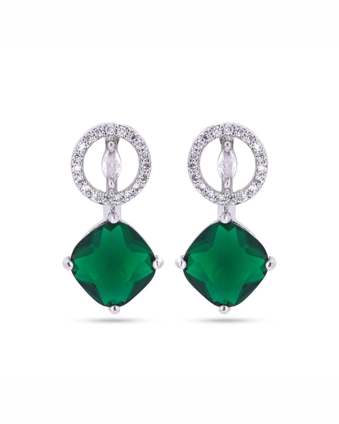 Emerald Green Silver Finish American Diamond Stud Earrings for Women
