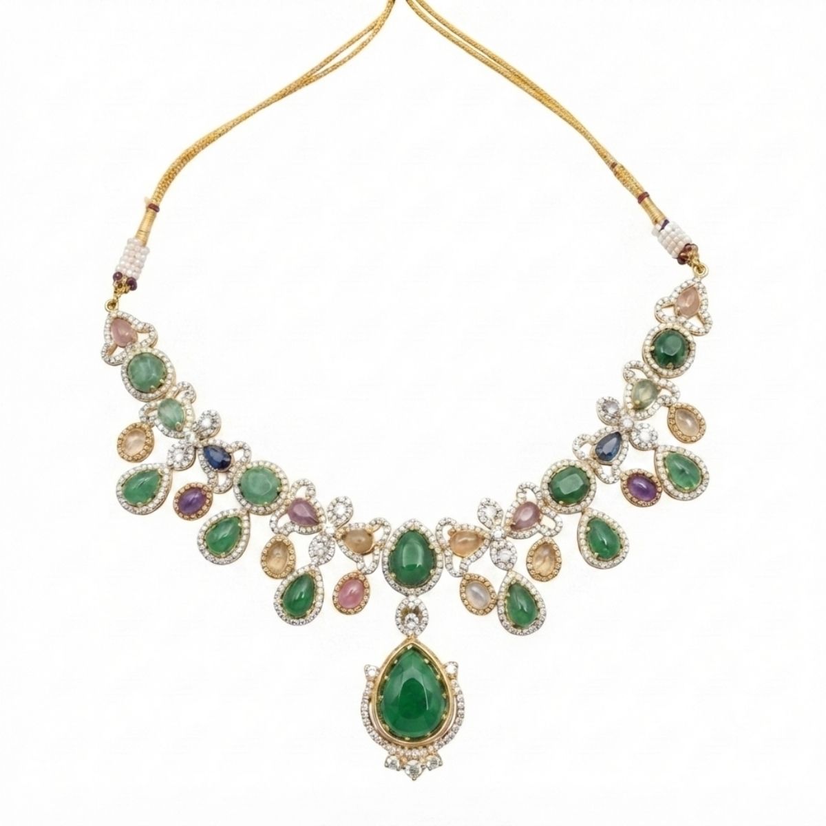 Multicolour Pota Necklace with Emerald Green Drops