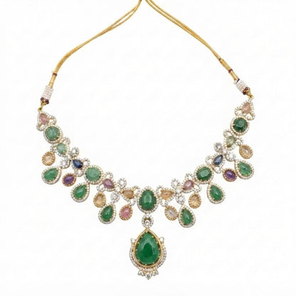 Multicolour Pota Necklace with Emerald Green Drops