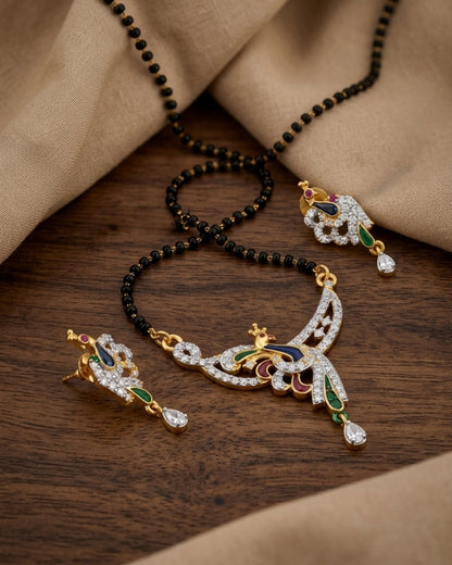 Designer Peacock American Diamond Black Beads Mangalsutra with Matching Earrings