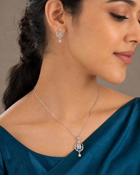 Classic Silver American Diamond Pendant Set