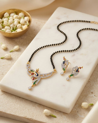 Designer Peacock American Diamond Black Beads Mangalsutra with Matching Earrings