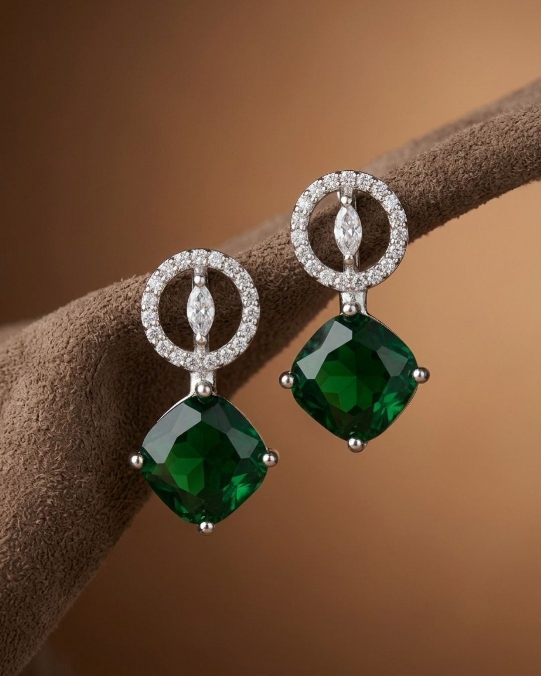 Emerald Green Silver Finish American Diamond Stud Earrings for Women