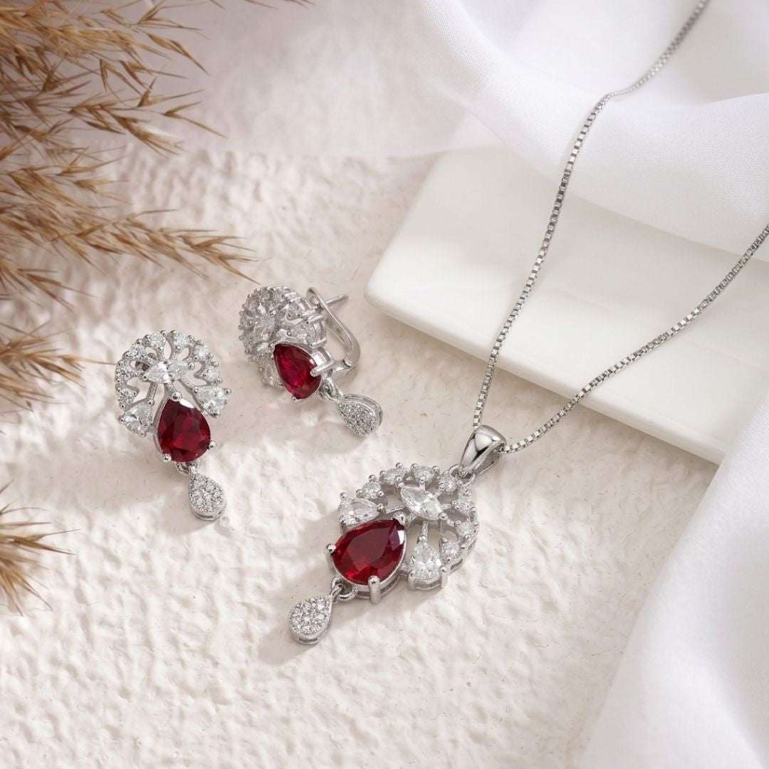 Ruby Bloom Silver Finish Office Wear Pendant Set