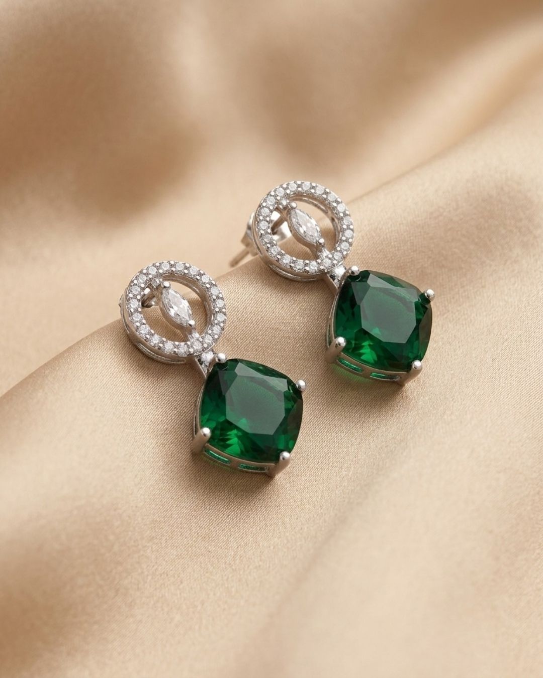 Emerald Green Silver Finish American Diamond Stud Earrings for Women