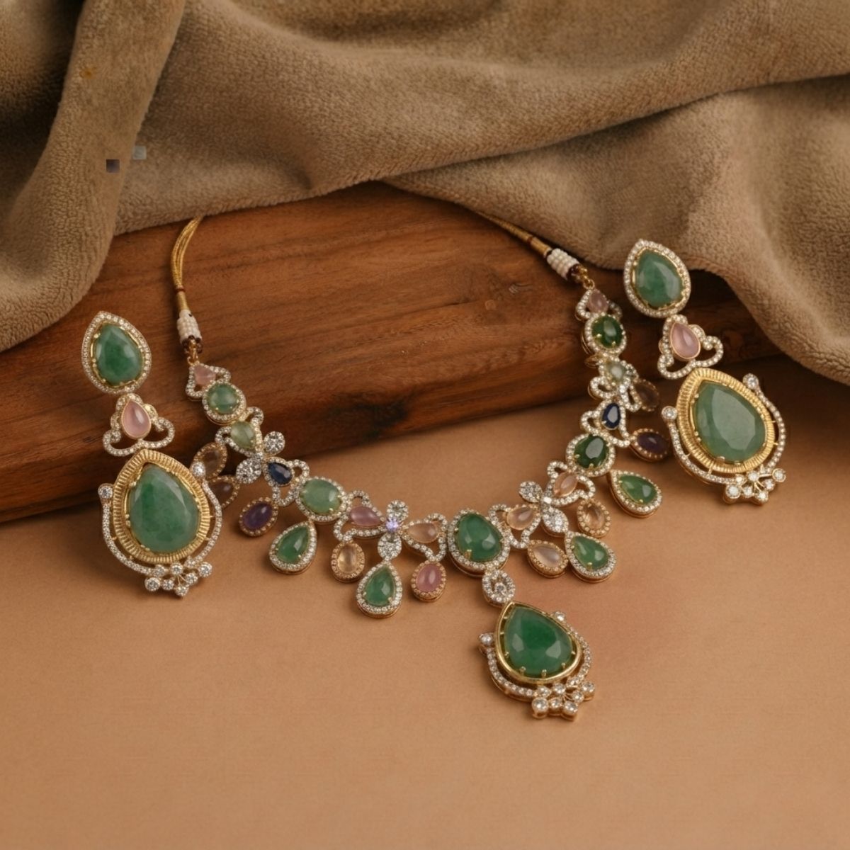 Multicolour Pota Necklace with Emerald Green Drops