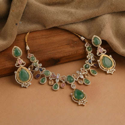 Multicolour Pota Necklace with Emerald Green Drops
