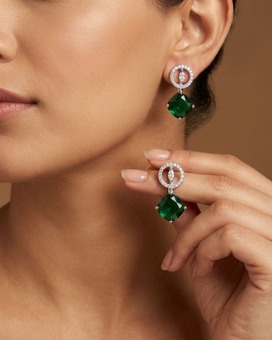 Emerald Green Silver Finish American Diamond Stud Earrings for Women
