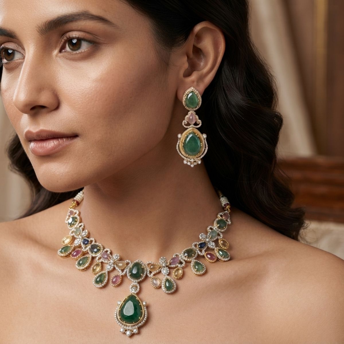 Multicolour Pota Necklace with Emerald Green Drops