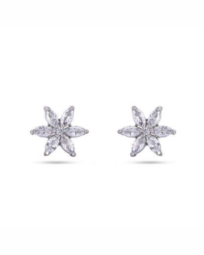 Silver Finish American Diamond Floral AD Stud Earrings for Women