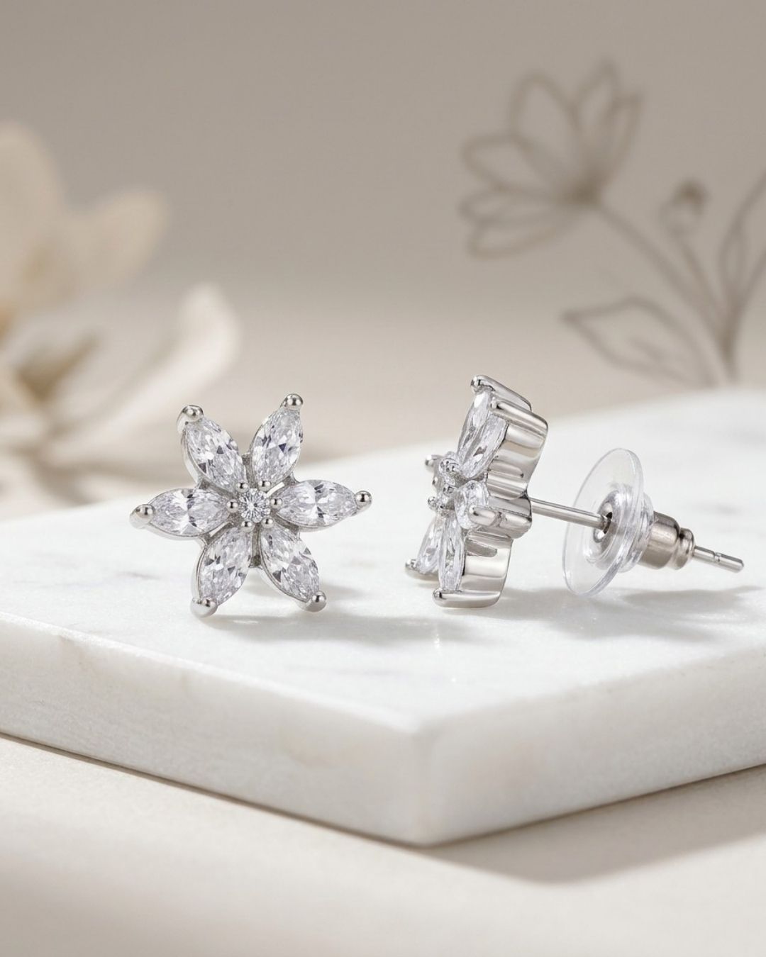 Silver Finish American Diamond Floral AD Stud Earrings for Women
