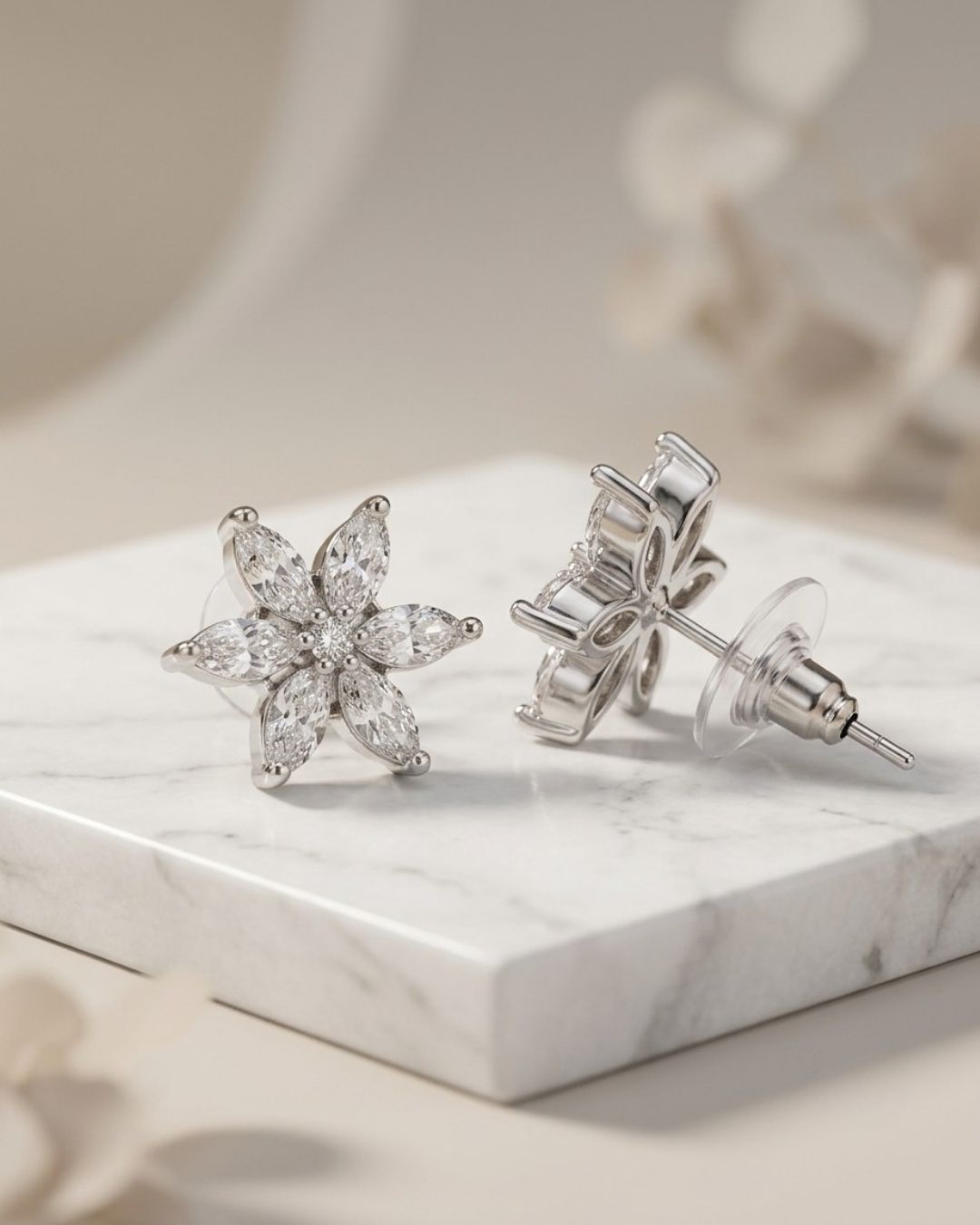 Silver Finish American Diamond Floral AD Stud Earrings for Women