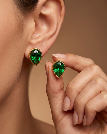 Green Teardrop Stone Stud Earrings for Women