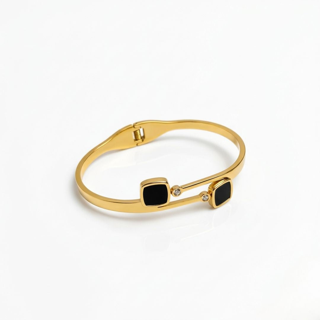 Square Black Stone Accent Bracelet with Dual-Bar Gold Frame
