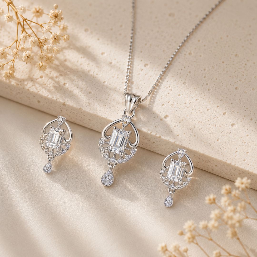 Classic Silver American Diamond Pendant Set