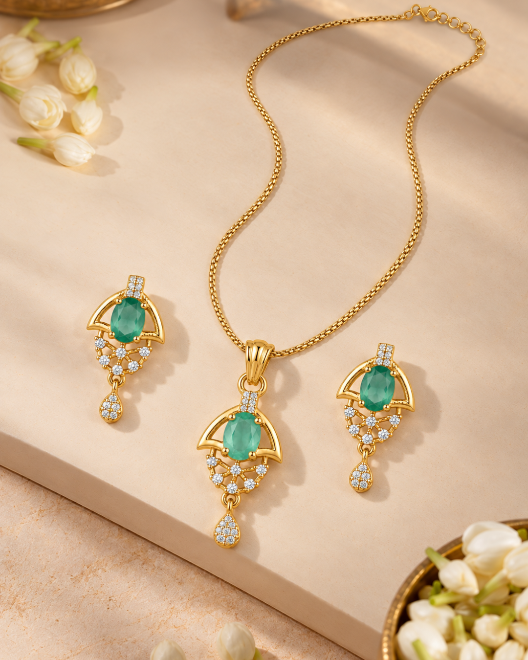 Green Halo Gold Finish Wedding Jewellery Pendant Set
