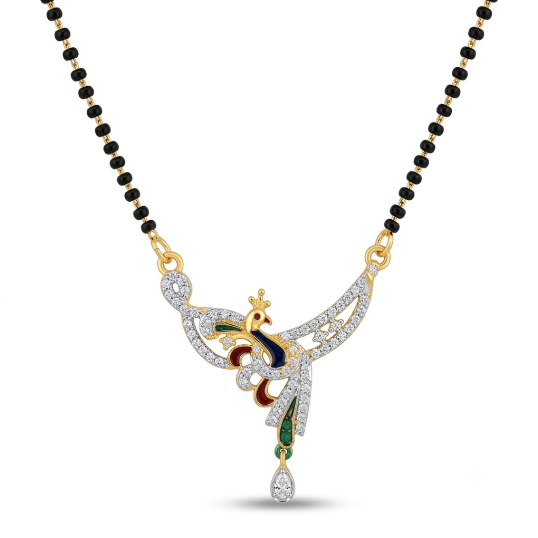 Designer Peacock American Diamond Black Beads Mangalsutra with Matching Earrings