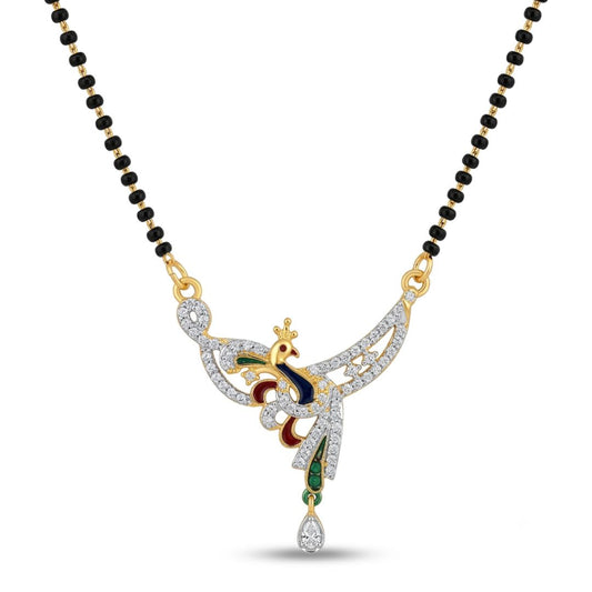 Designer Peacock American Diamond Black Beads Mangalsutra with Matching Earrings