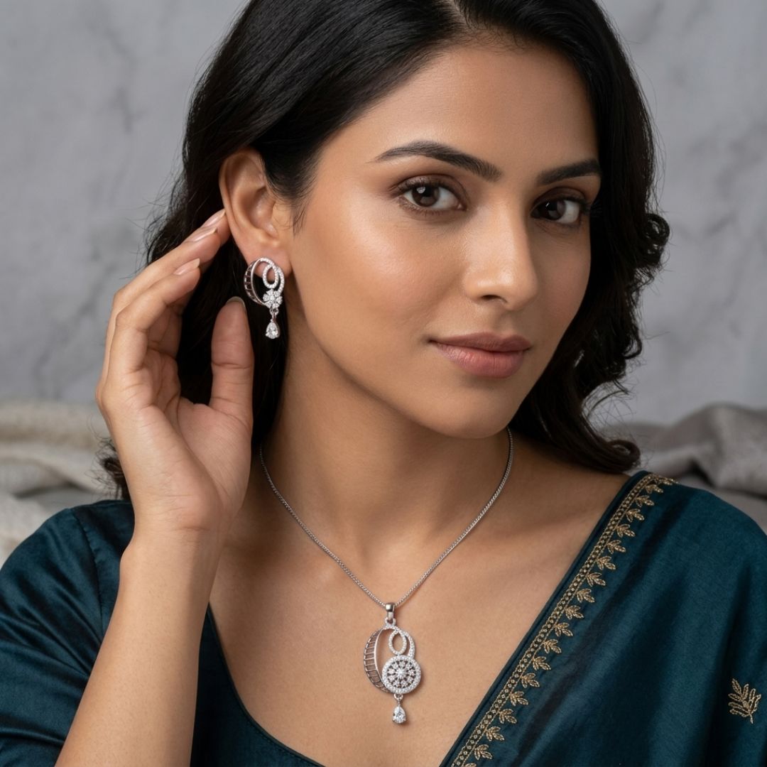 Crescent Spark Silver Finish Office Wear Pendant Set