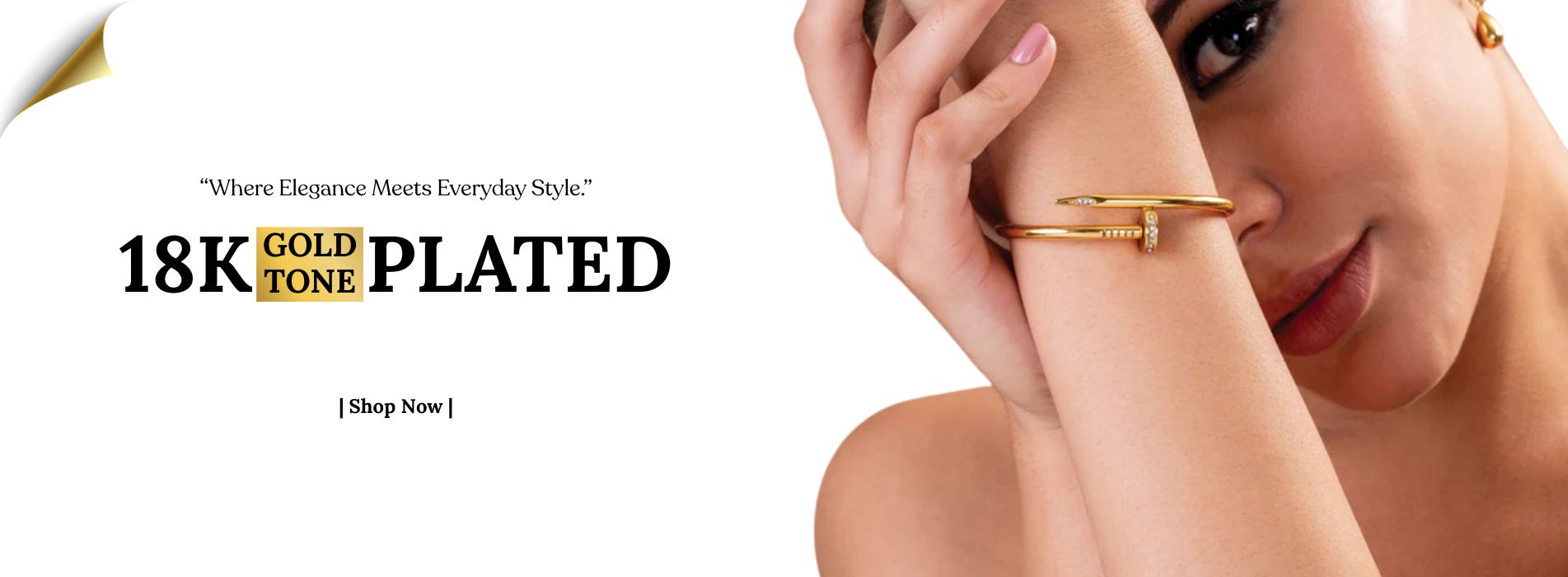 Woman wearing a gold bracelet with promotional text for 18K gold-toned jewelry.