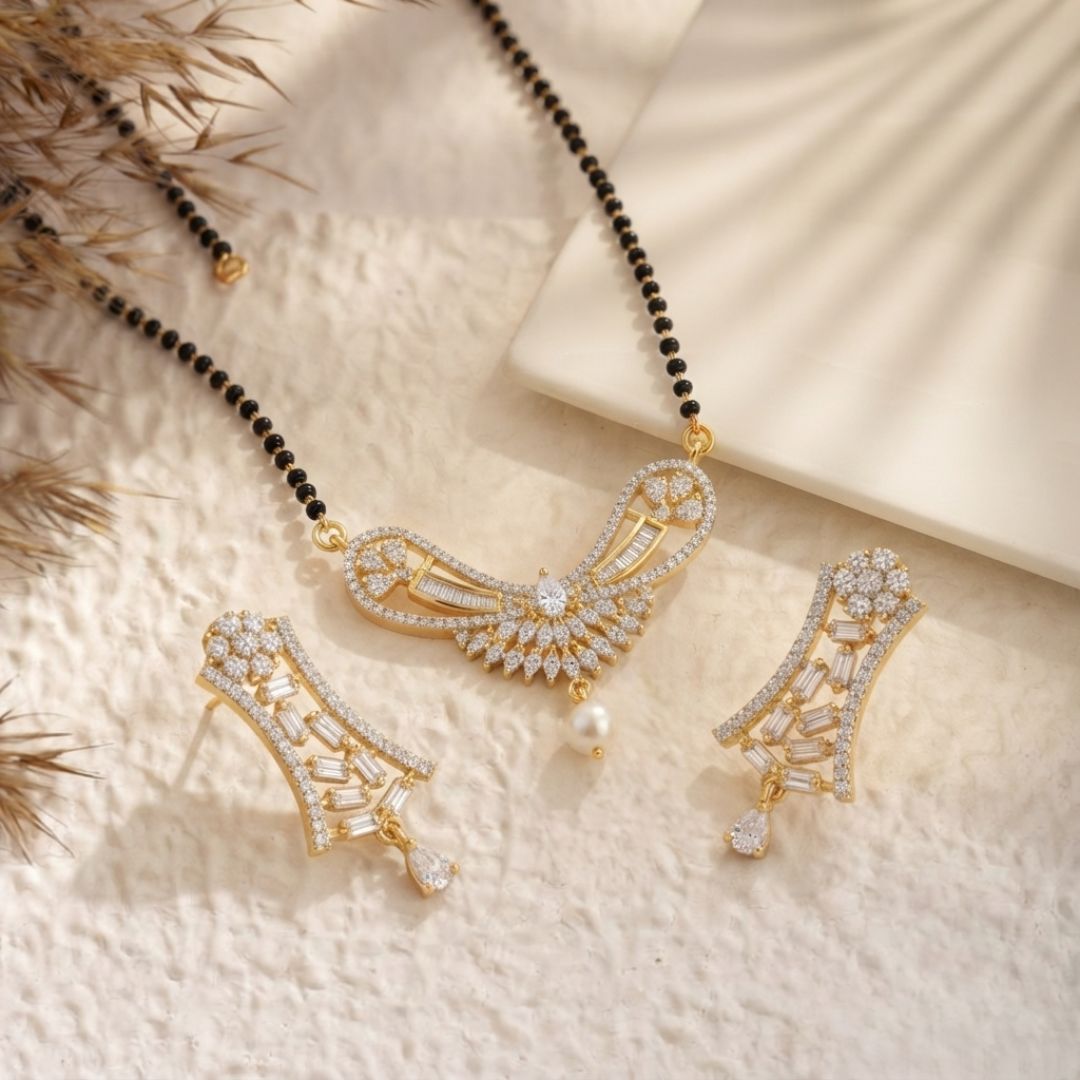 Designer American Diamond Black Beads Mangalsutra with Pearl Drop