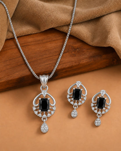 Midnight Majesty Silver Finish Oxidized Pendant Set