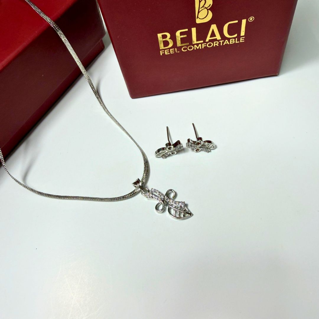 Leaf & Bow Pendant Necklace with Matching Earrings