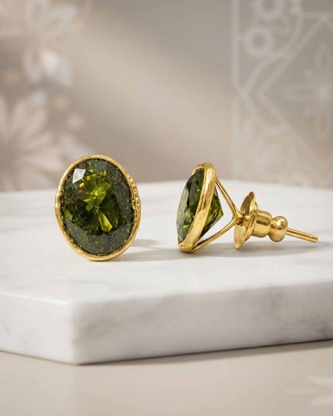 Olive Oval Stone Stud Earrings for Women