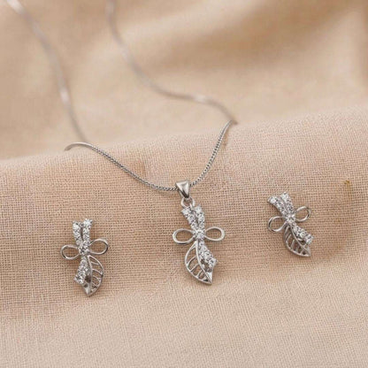 Leaf & Bow Pendant Necklace with Matching Earrings