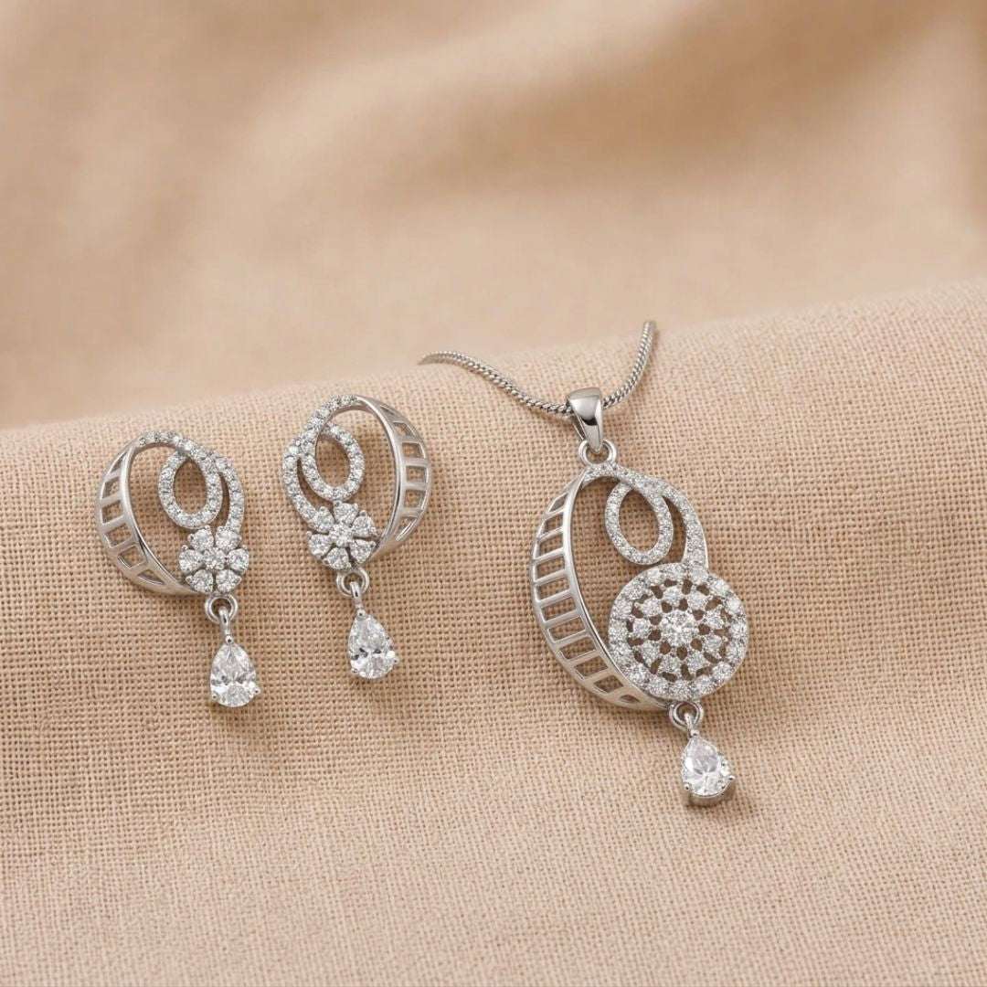 Crescent Spark Silver Finish Office Wear Pendant Set