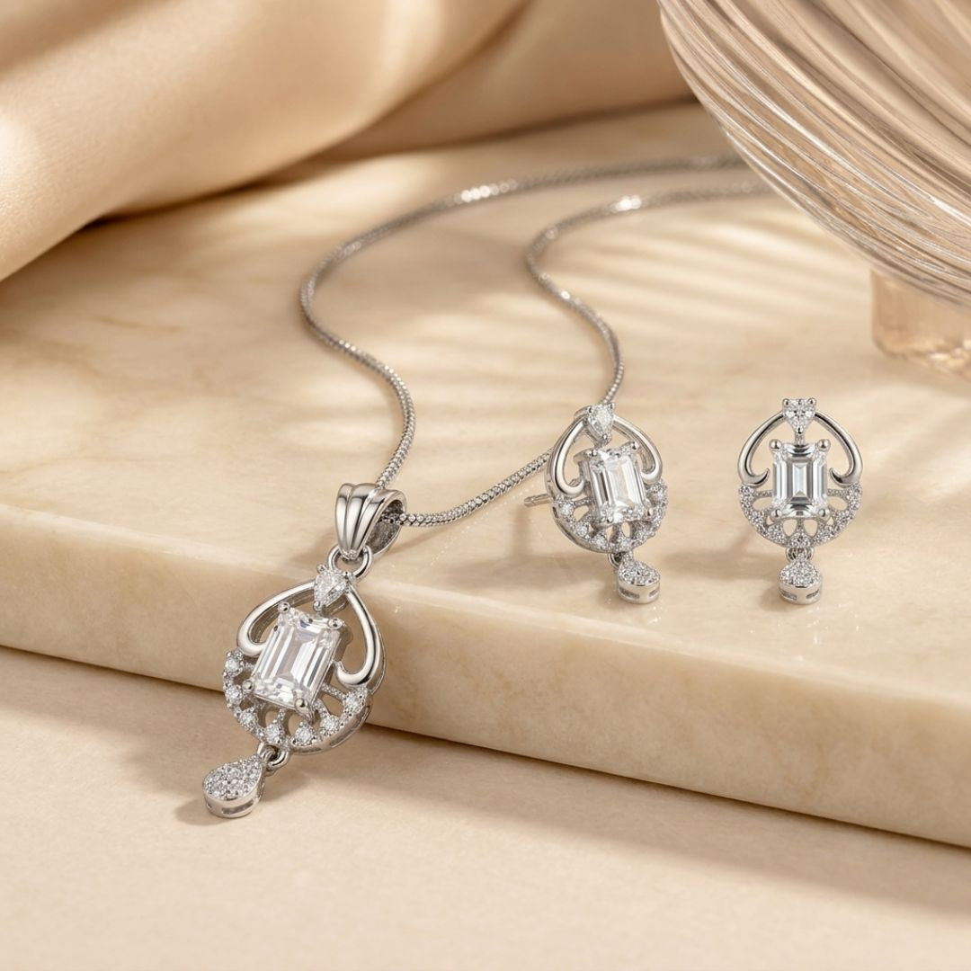 Classic Silver American Diamond Pendant Set