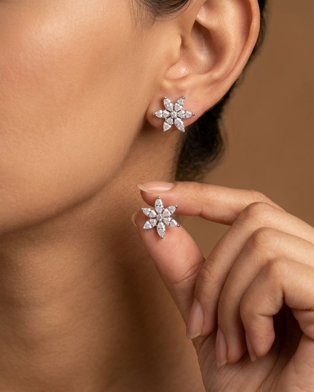 Silver Finish American Diamond Floral AD Stud Earrings for Women