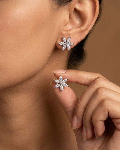 Silver Finish American Diamond Floral AD Stud Earrings for Women