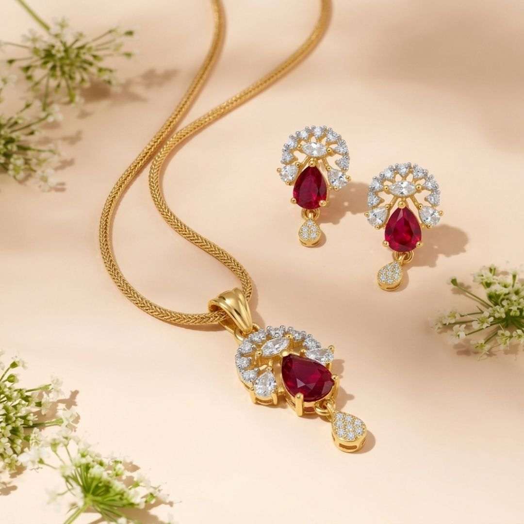 Ruby Bloom Gold Finish AD Pendant Set