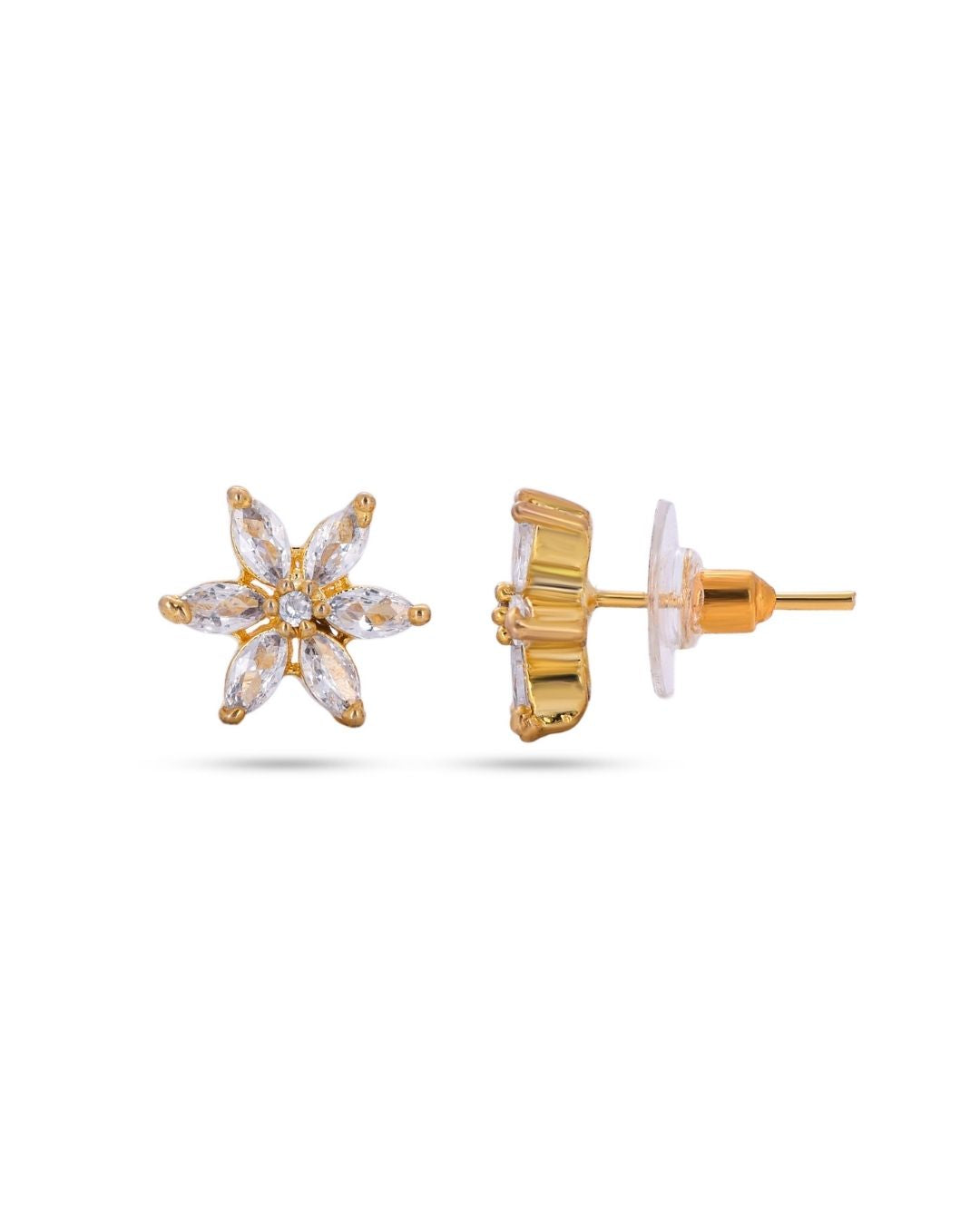 Floral American Diamond Gold Finish AD Stud Earrings for Women