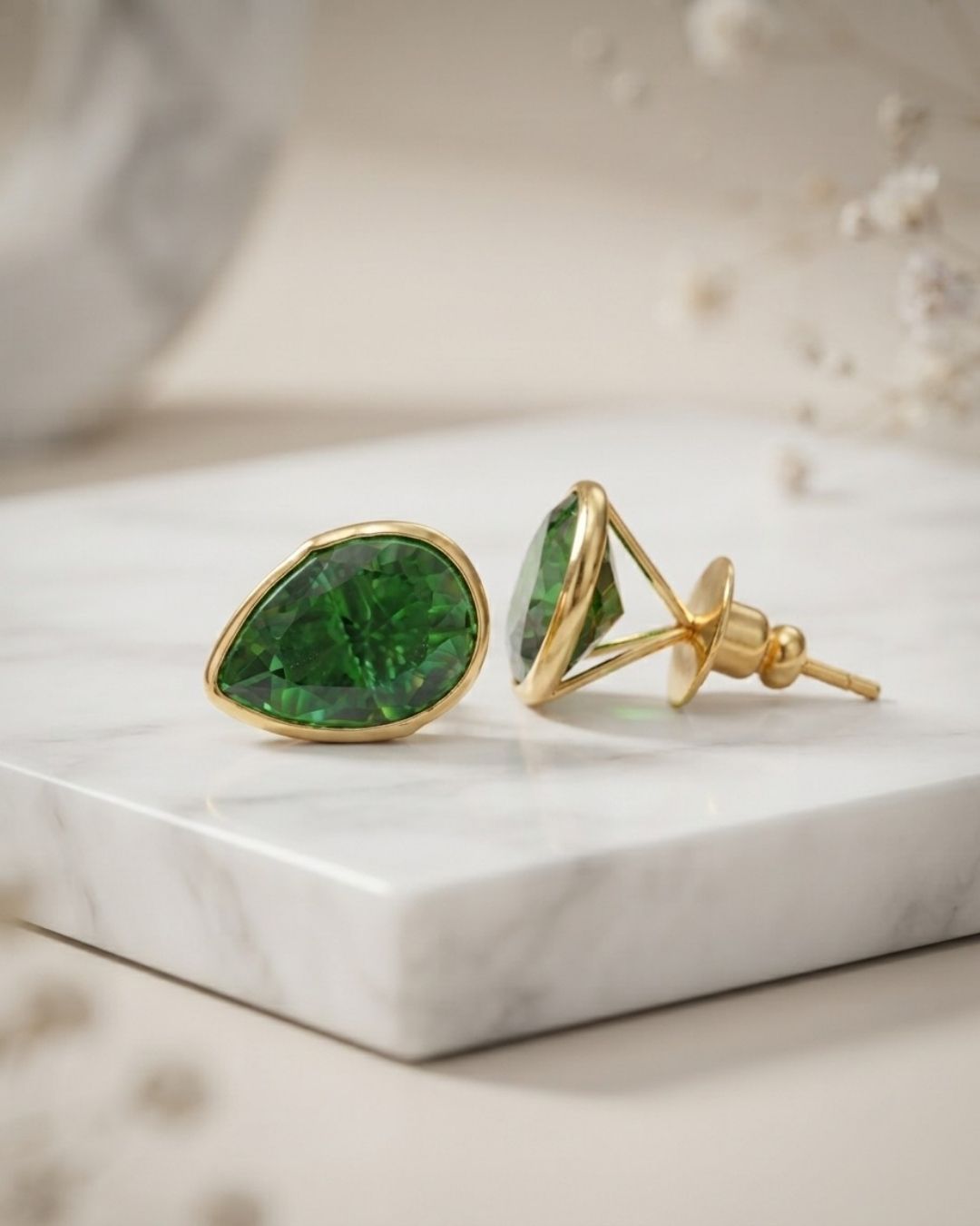 Green Teardrop Stone Stud Earrings for Women