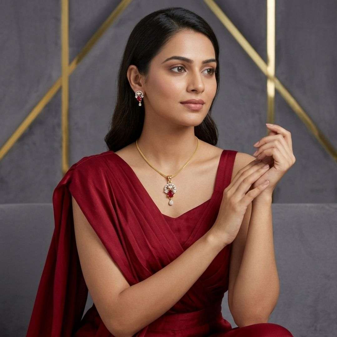 Ruby Bloom Gold Finish AD Pendant Set