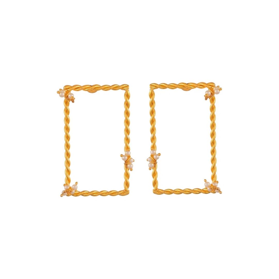 Twisted Frame Rectangle Pearl Dangle Earrings