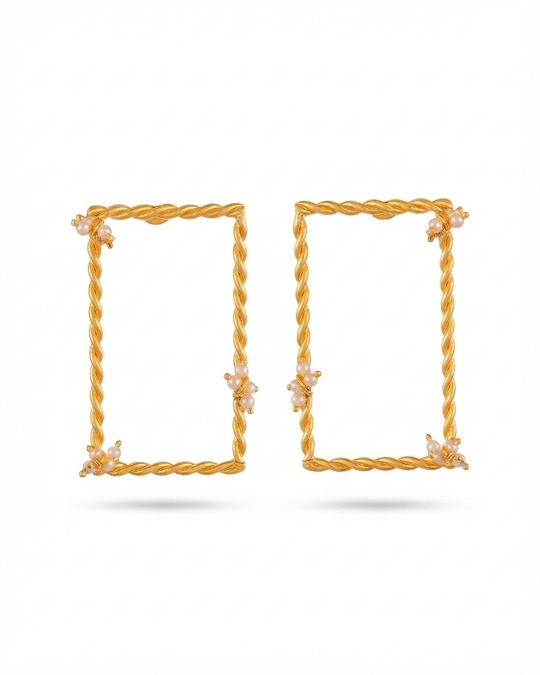 Twisted Frame Rectangle Pearl Dangle Earrings