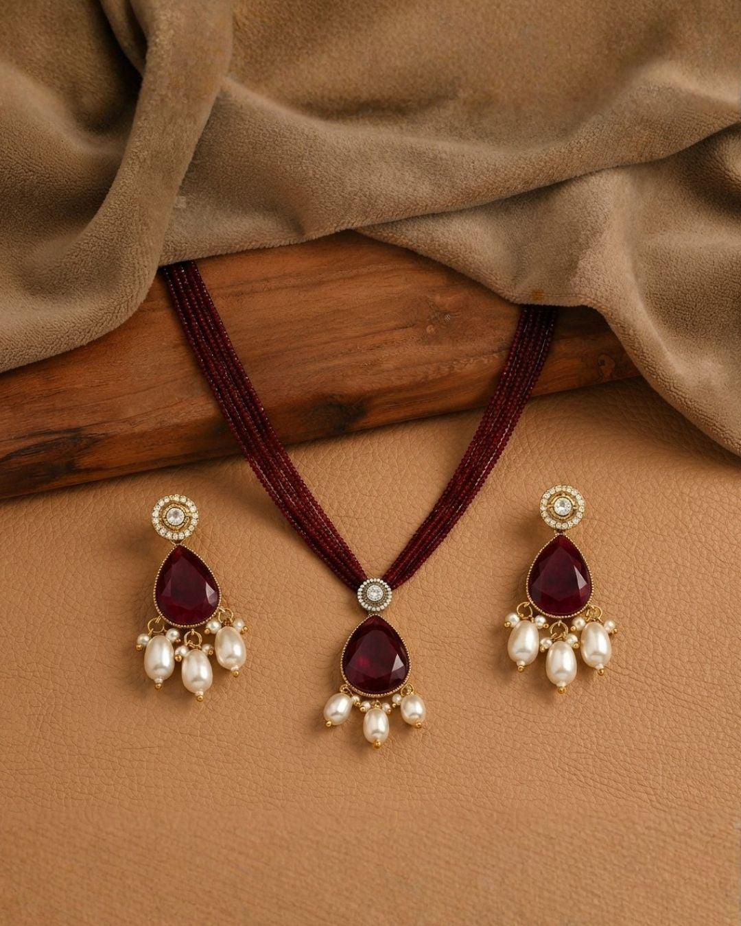 Royal Maroon Hydro Beaded Polki Moissanite Necklace Set