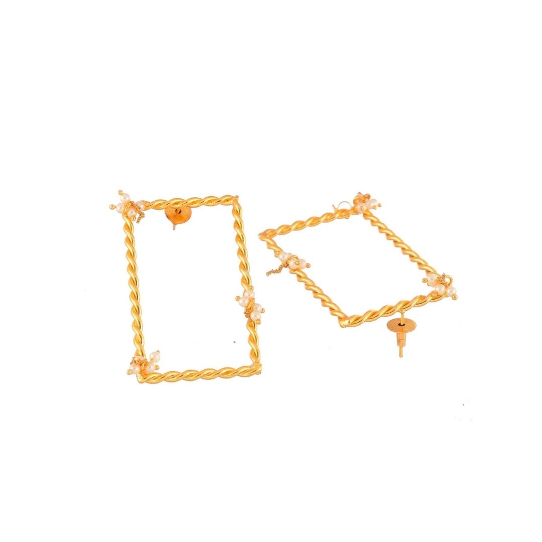 Twisted Frame Rectangle Pearl Dangle Earrings