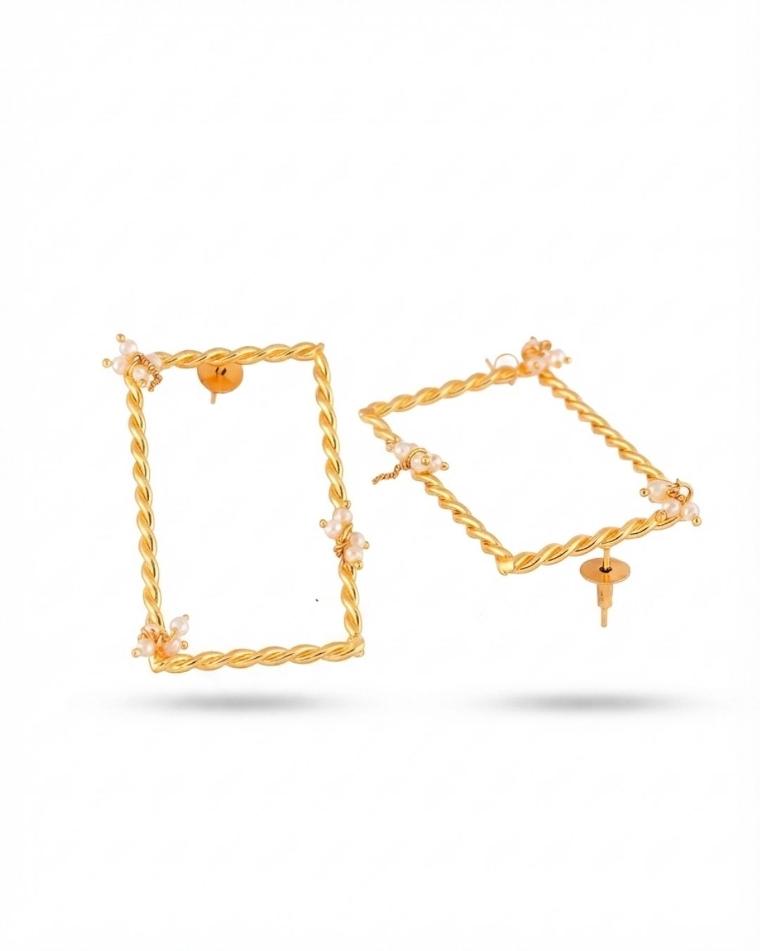 Twisted Frame Rectangle Pearl Dangle Earrings