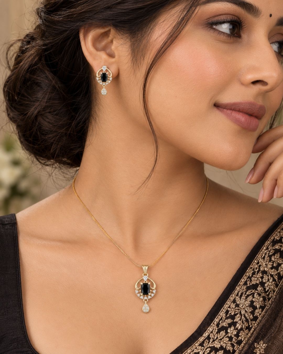 Midnight Majesty Gold Finish Office Wear Pendant Set